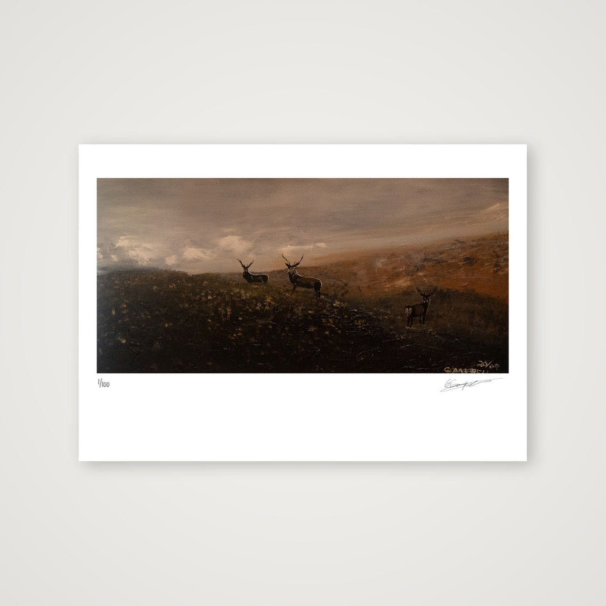 Stags in misty highlands — A4 (30×21cm, 12×8") Print only