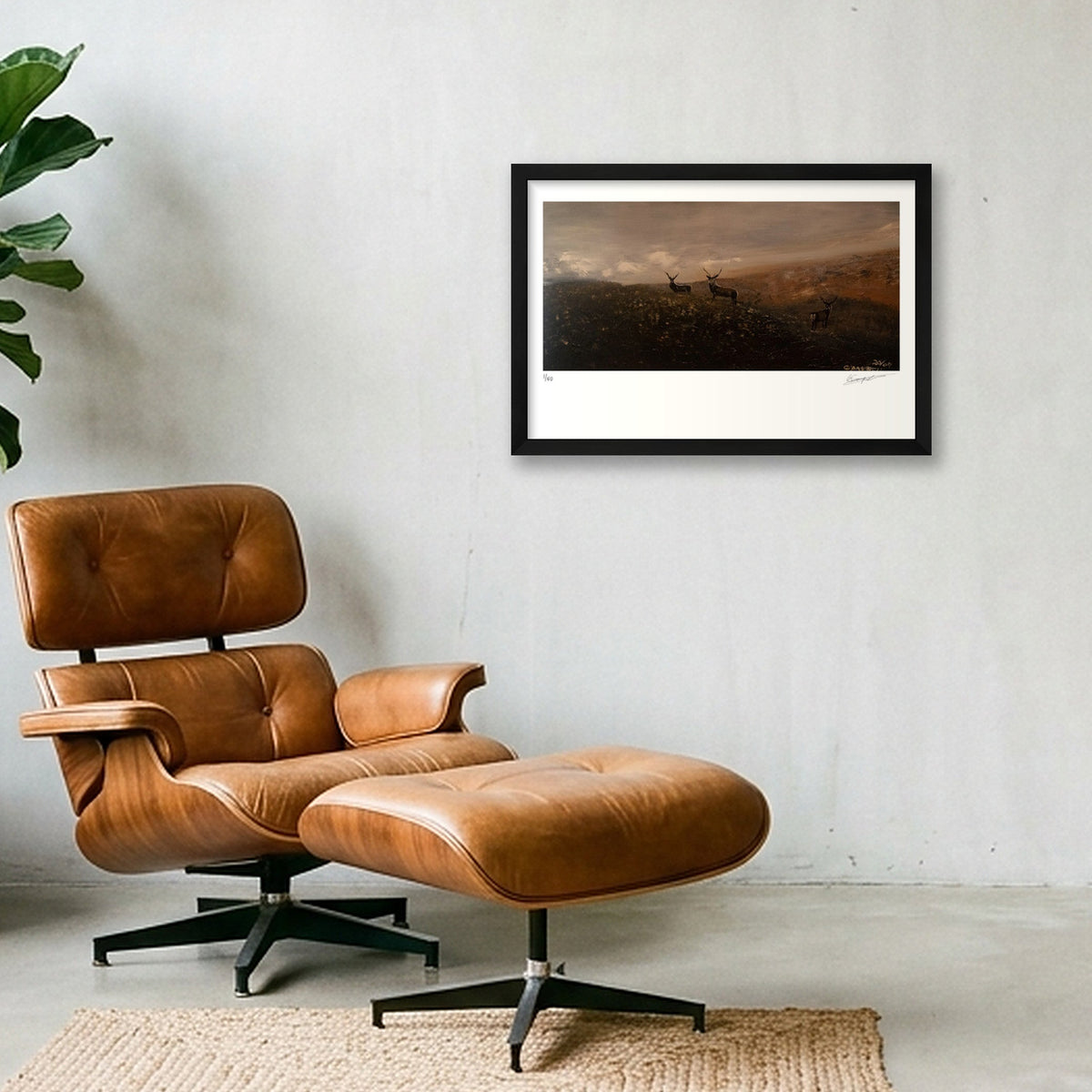 Stags in misty highlands — 45×30cm, 18×12" Black Frame