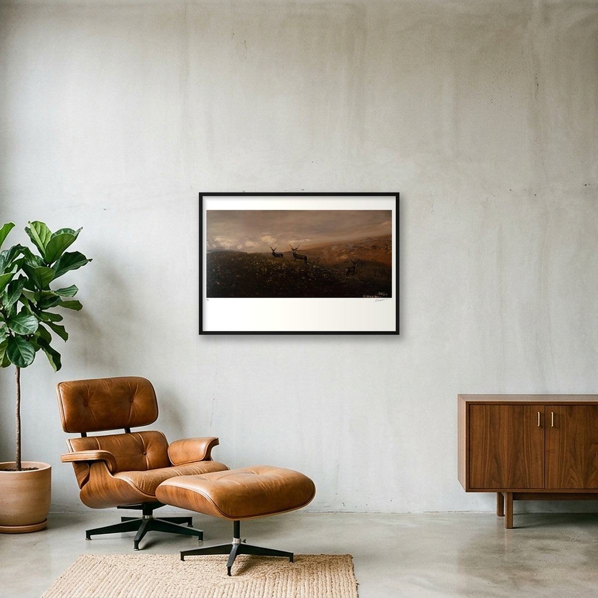 Stags in misty highlands — 100×70cm, 39×28" Black Frame