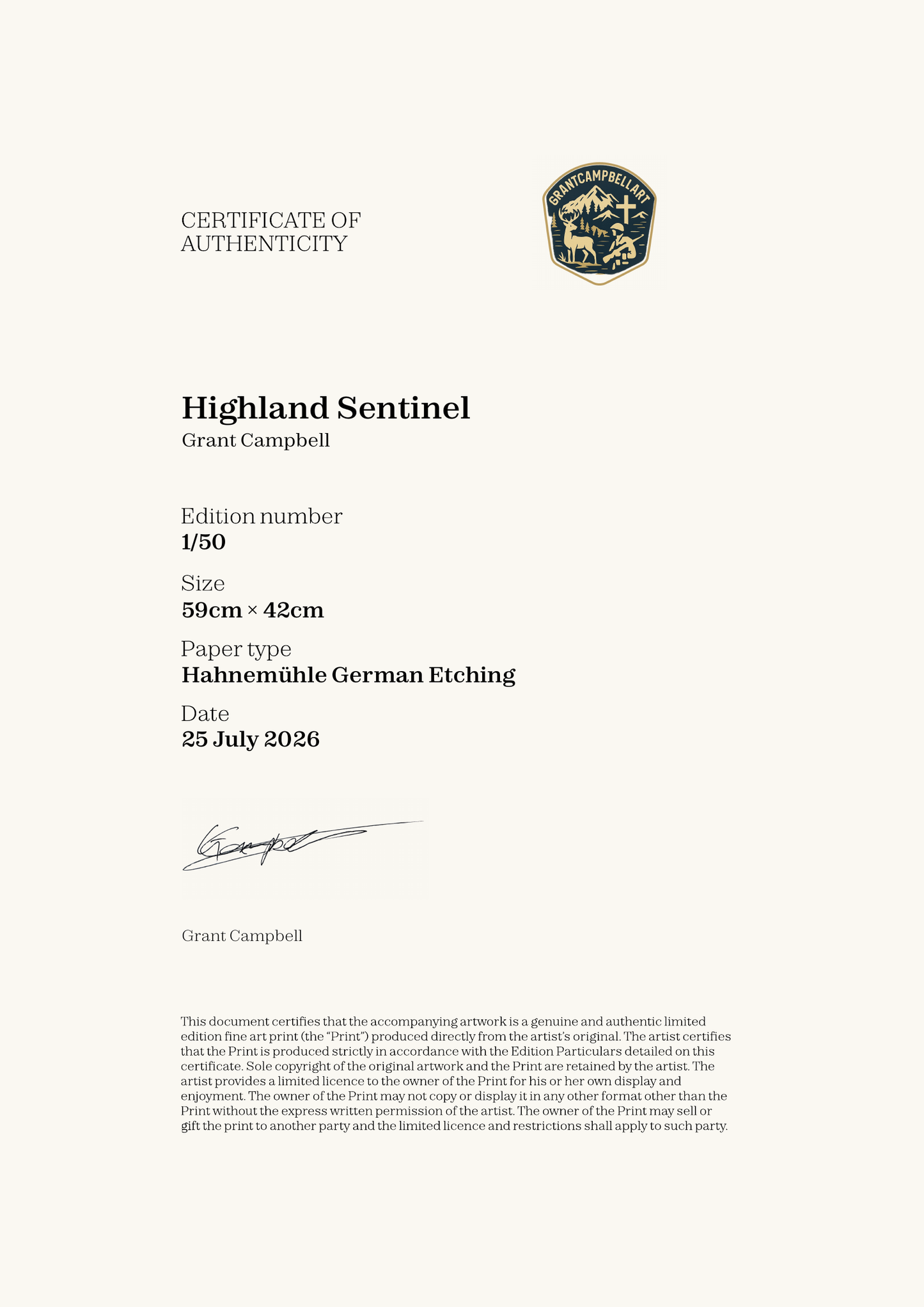 Highland Sentinel — Certificate of Authenticity