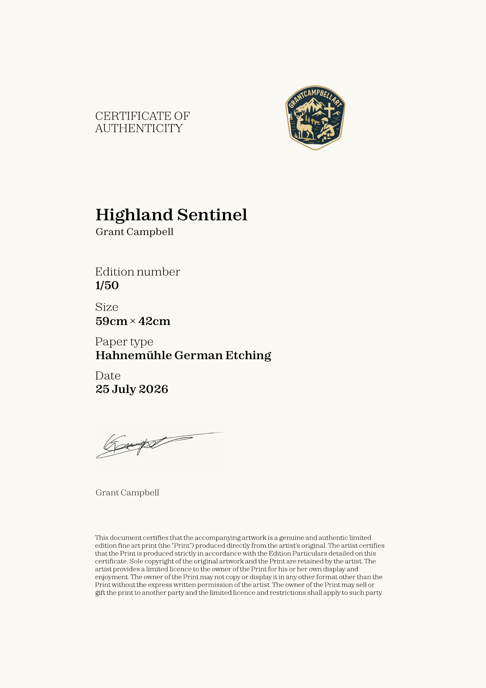 Highland Sentinel — Certificate of Authenticity