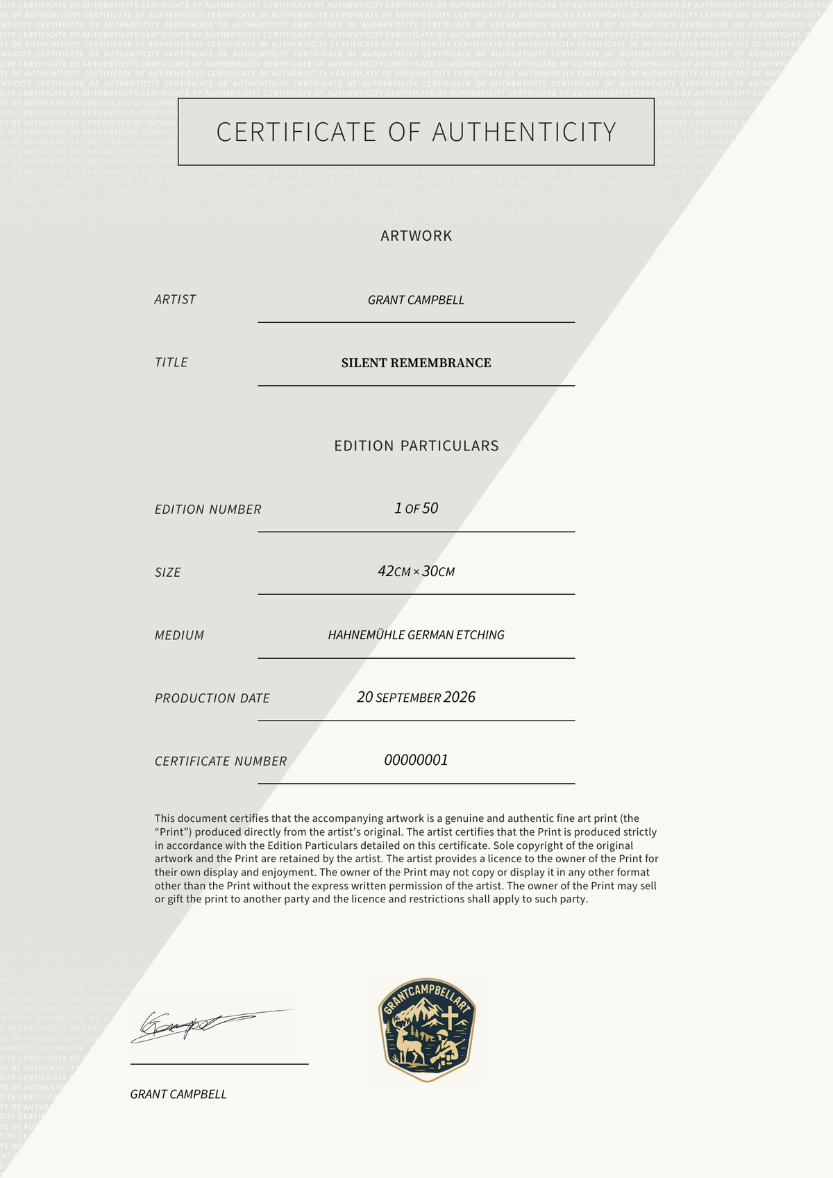 Silent Remembrance — Certificate of Authenticity