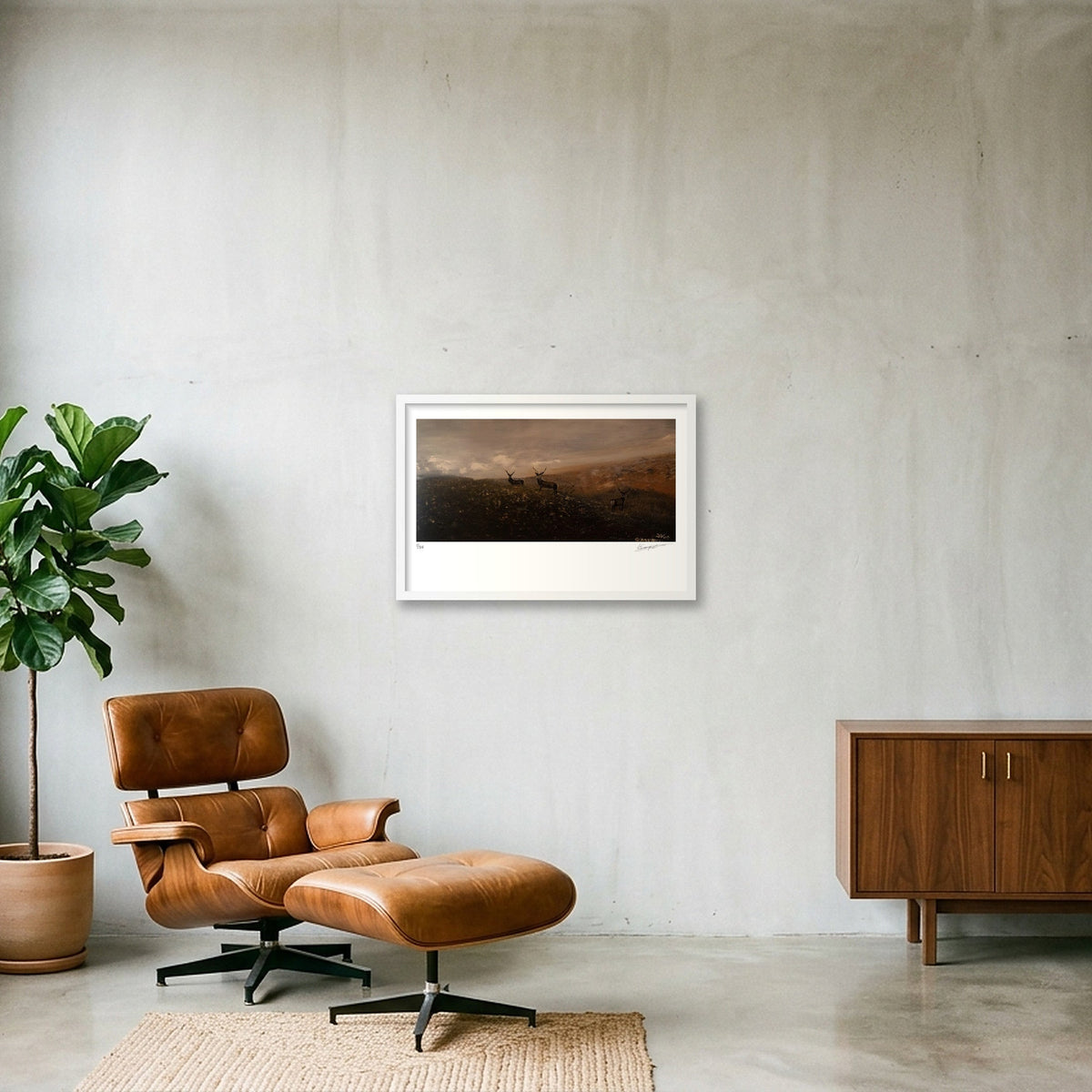 Stags in misty highlands — 60×40cm, 24×16" White Frame