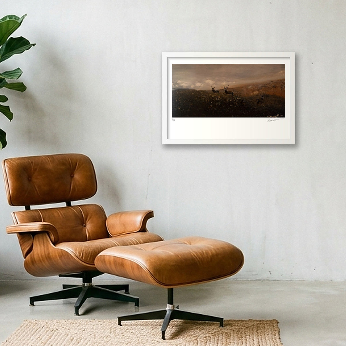 Stags in misty highlands — 45×30cm, 18×12" White Frame