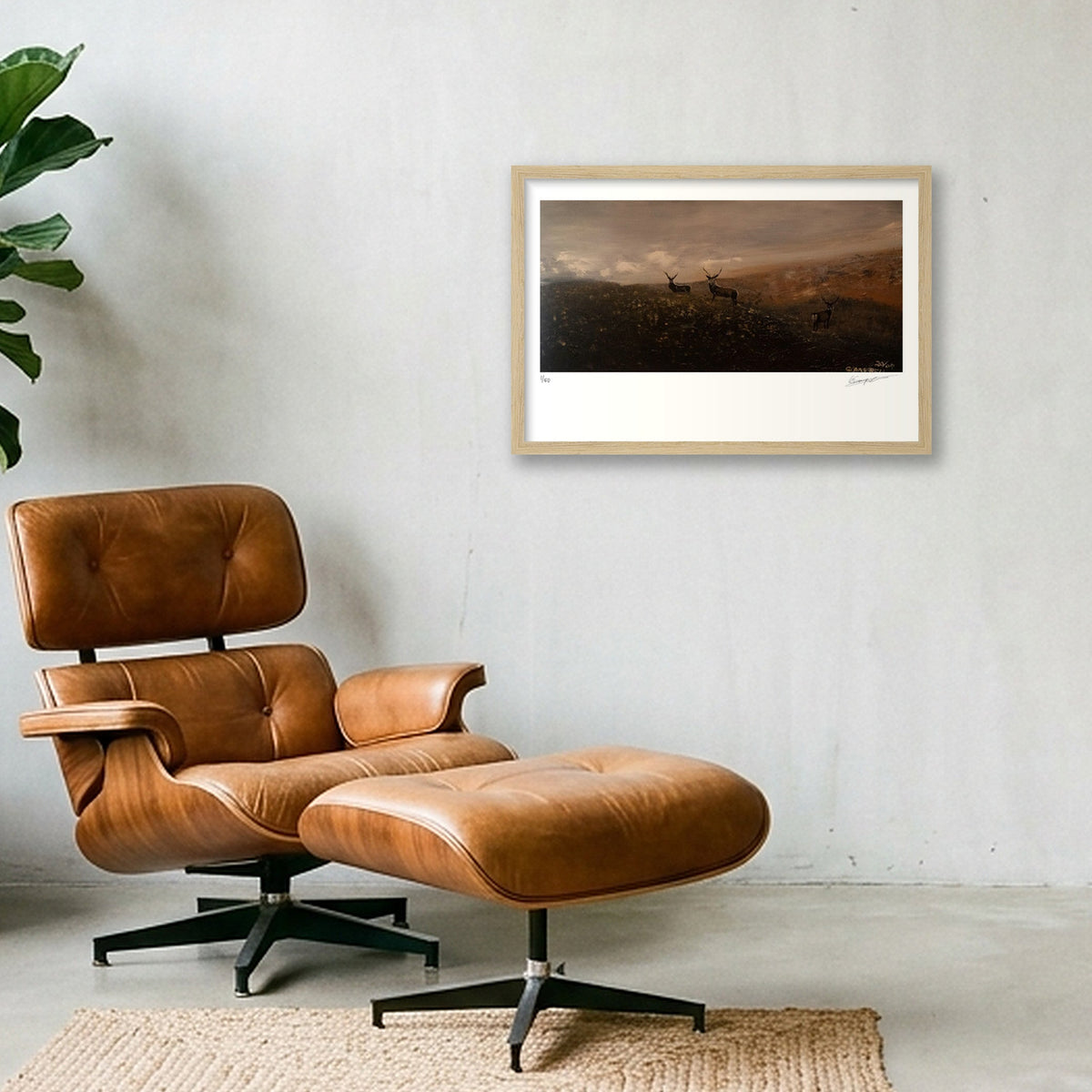 Stags in misty highlands — 45×30cm, 18×12" Oak Frame