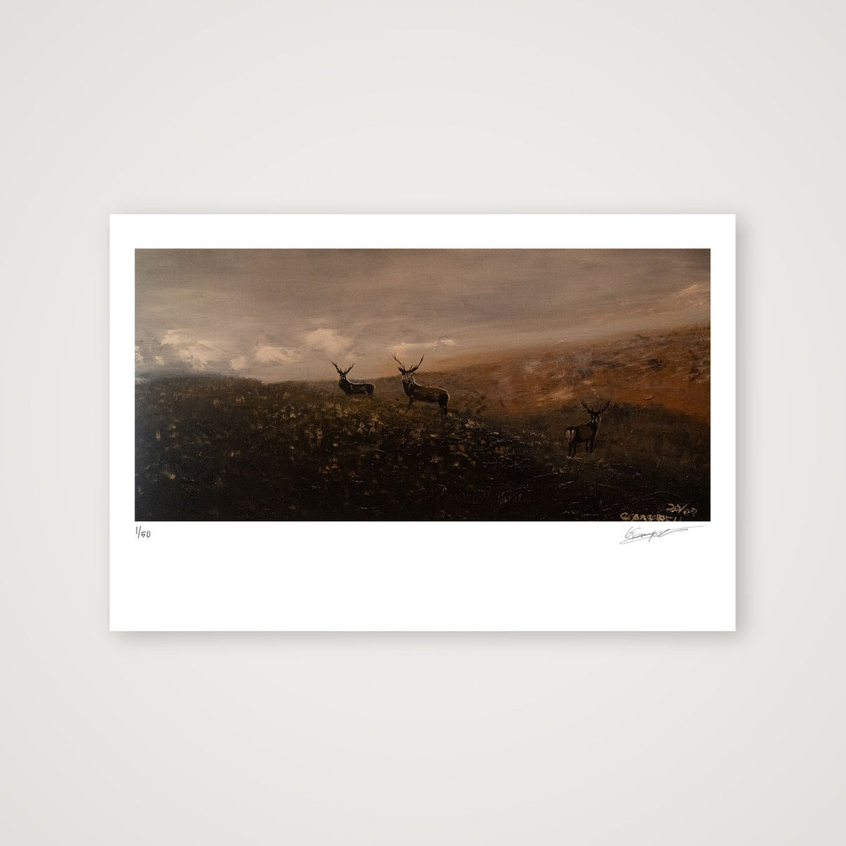Stags in misty highlands — 45×30cm, 18×12" Print only
