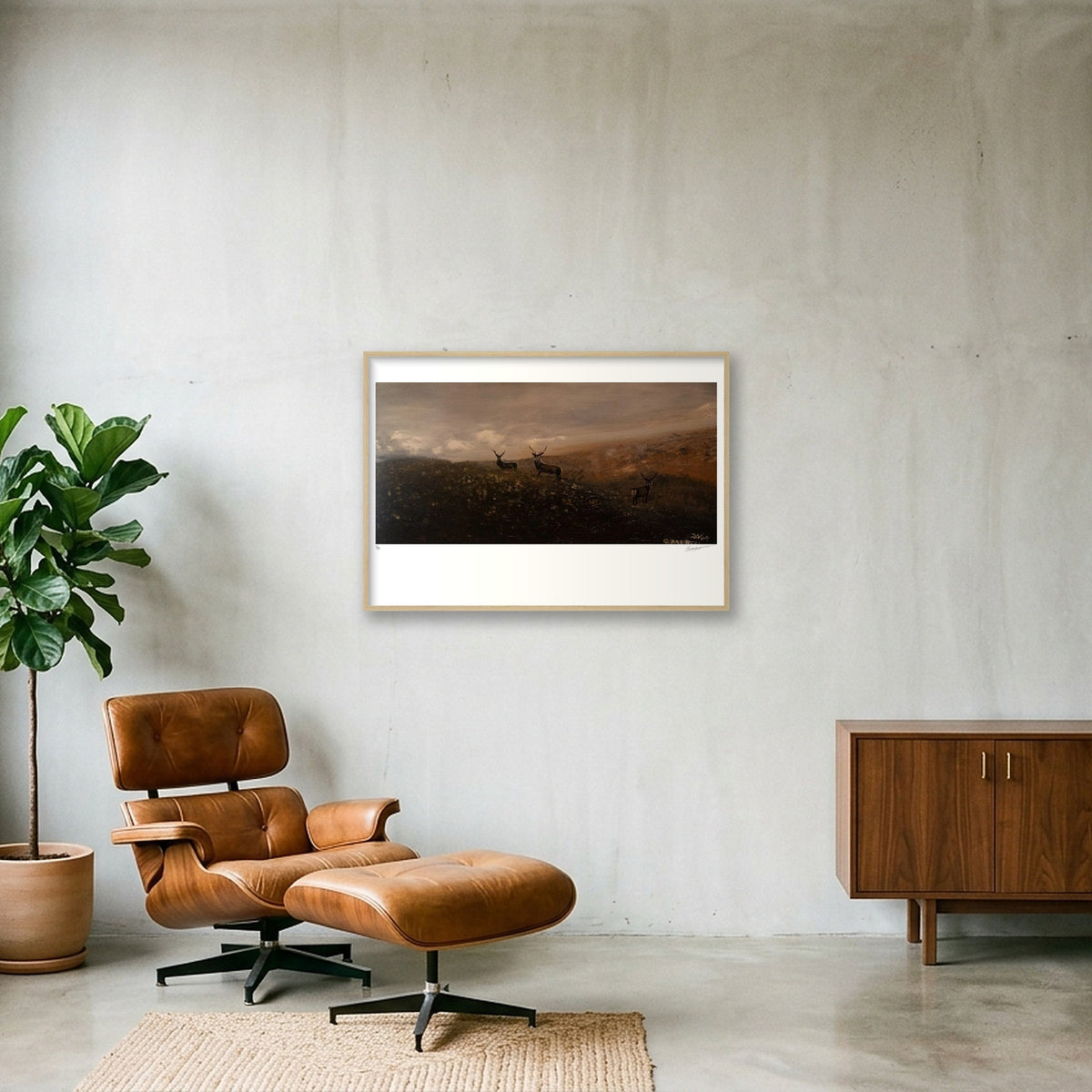 Stags in misty highlands — 100×70cm, 39×28" Oak Frame