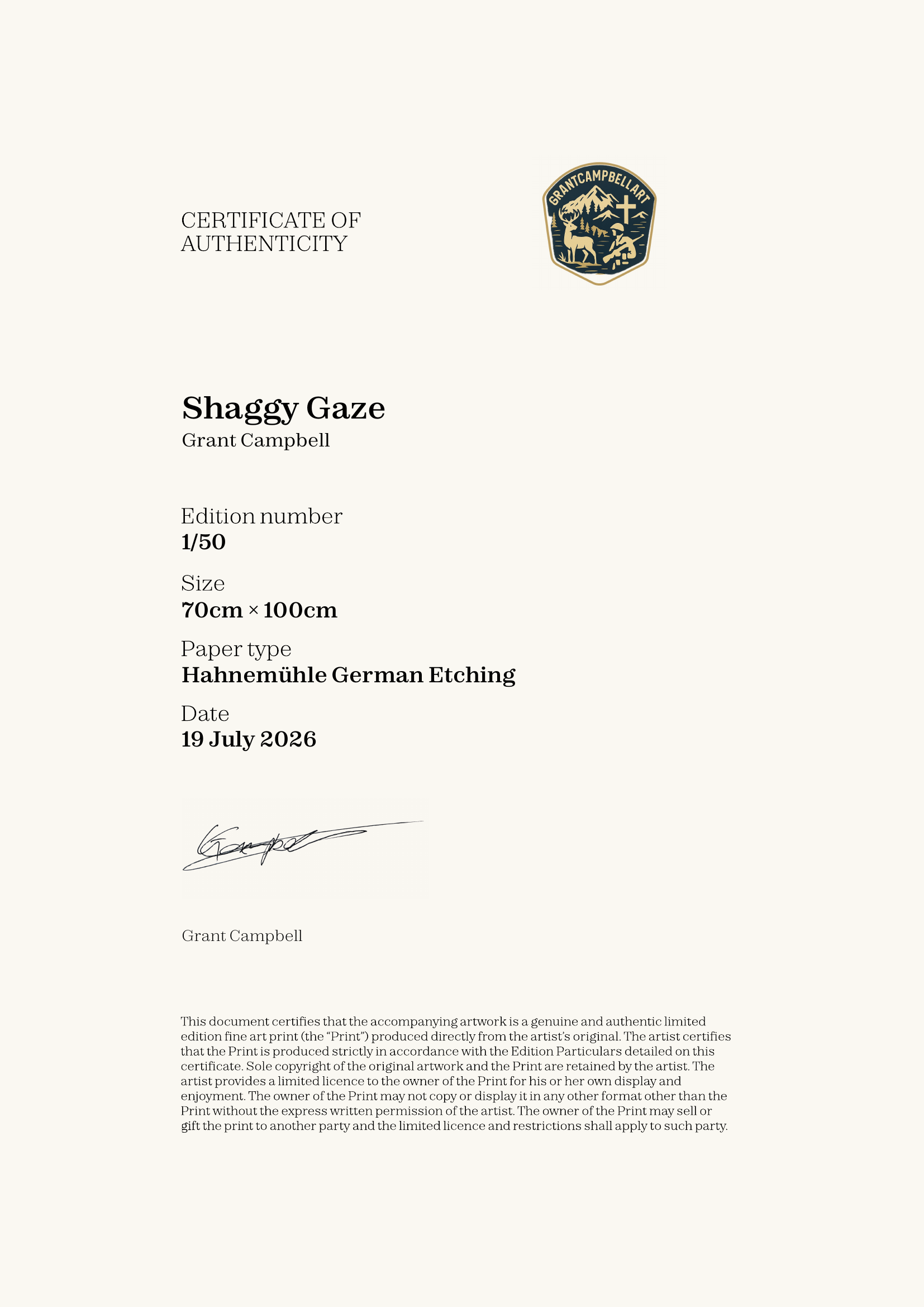 Shaggy Gaze — Certificate of Authenticity
